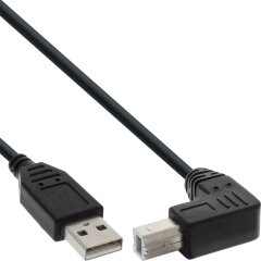 USB 2.0 Kabel, A an B unten abgewinkelt, schwarz, 1m