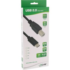 USB 2.0 Kabel, Typ C Stecker an B Stecker, schwarz, 0,5m