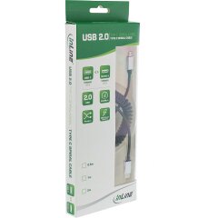 USB 2.0 Spiralkabel, Typ C Stecker an Micro-B Stecker, schwarz/Alu, flexibel, 2m