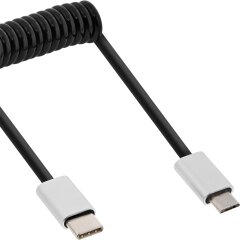 USB 2.0 Spiralkabel, Typ C Stecker an Micro-B Stecker, schwarz/Alu, flexibel, 3m