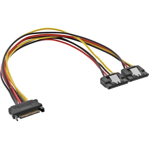 SATA Strom-Y-Kabel, SATA Buchse an 2x SATA Stecker mit Sicherheitslasche, 0,3m