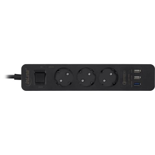 Steckdosenleiste, 3-fach Schutzkontakt, &Uuml;berspannungsschutz und QuickCharge USB, mit Schalter, 1,5m, schwarz