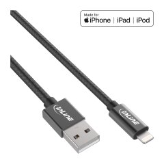 Lightning USB Kabel, f&uuml;r iPad, iPhone, iPod, schwarz/Alu, 2m MFi-zertifiziert