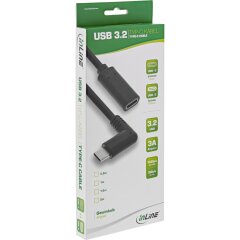 USB 3.2 Kabel, USB Typ-C Verl&auml;ngerung, Stecker gewinkelt auf Buchse, schwarz, 0,5m