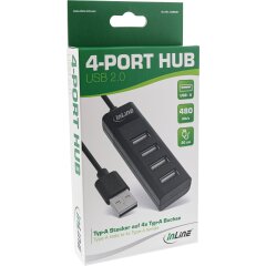 USB 2.0 Hub, 4 Port, schwarz, Kabel 30cm, schmale Bauform