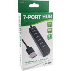 USB 2.0 Hub, 7-Port, schwarz, mit 1m USB DC Kabel, schwarz