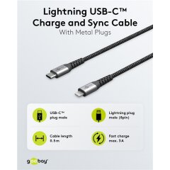Lightning USB-C&trade; Lade- und Synchronisations-Vollmetall-Kabel 0.5 m