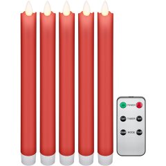5er-Set rote LED-Echtwachs-Stabkerzen, inkl. Fernbedienung