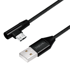 USB 2.0-Kabel, USB-A/M zu Micro-USB/M (90&deg;),Stoff,Metall,schwarz, 0,3 m