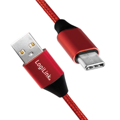 USB 2.0 Type-C Kabel, C/M zu USB-A/M, Stoff, rot, 0,3 m