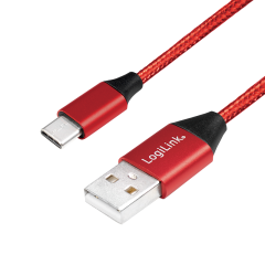 USB 2.0 Type-C Kabel, C/M zu USB-A/M, Stoff, rot, 1 m