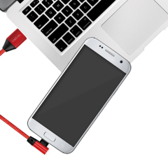 USB 2.0-Kabel, USB-A/M zu Micro-USB/M (90&deg;), Stoff, Metall, rot, 1 m