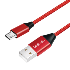 USB 2.0-Kabel, USB-A/M zu Micro-USB/M, Stoff, Metall, rot, 0,3 m