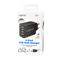 USB Steckdosenadapter, 4x USB-Port, 24W, schwarz