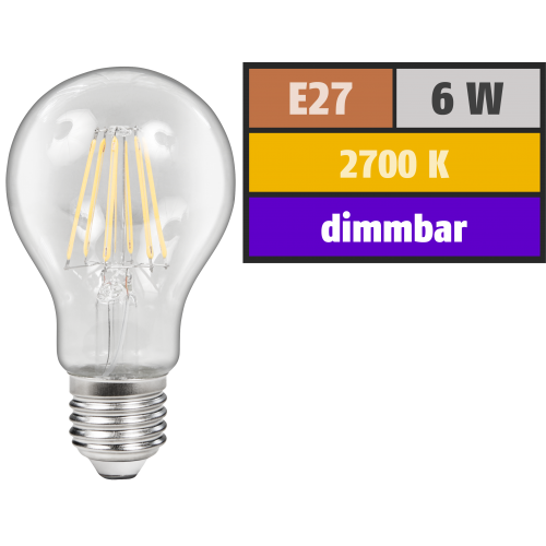 LED Filament Gl&uuml;hlampe McShine Filed, E27, 6W, 620 lm, warmwei&szlig;, dimmbar, klar