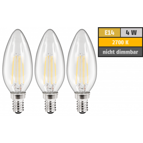 LED Filament Set McShine, 3x Kerzenlampe, E14, 3.6W, 360lm, warmwei&szlig;, klar