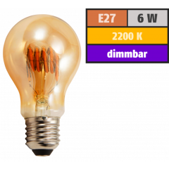 LED Filament Gl&uuml;hlampe McShine Retro E27, 6W, 490lm, goldenes Glas, dimmbar