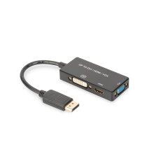 DisplayPort Konverterkabel, DP - HDMI+DVI+VGA M-F/F/F, 0.2m, 3in1 Multi-Media Kabel, gold,sw