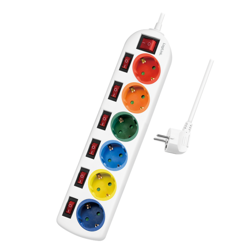 Steckdosenleiste 6-fach mit 7 Schaltern mehrfarbig