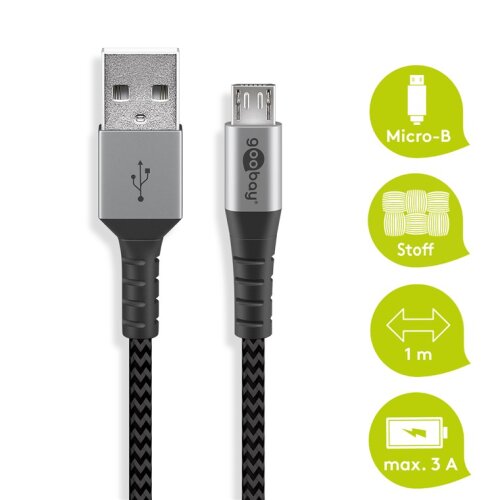 Micro-USB-auf-USB-A-Textilkabel mit Metallsteckern 1 m