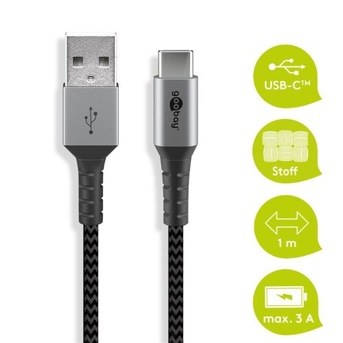 USB-C&trade;-auf-USB-A-Textilkabel mit Metallsteckern (spacegrau/silber), 1 m