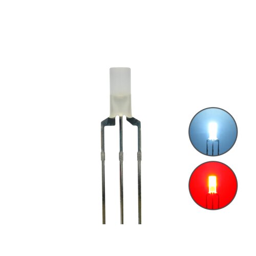 DUO Zylinder LED 3mm diffus 3pin Anode kaltwei&szlig; / rot