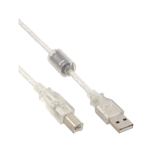 USB 2.0 Kabel, A an B, transparent, mit Ferritkern, 5m